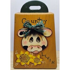 Vintage Wooden Cow Bell Hand Painted Sunflowers Granny Core Country Living